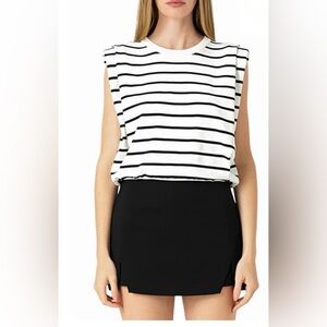 ENDLESS ROSE Striped Sleeveless Pleated Knit Top Shoulder Pads Size XS